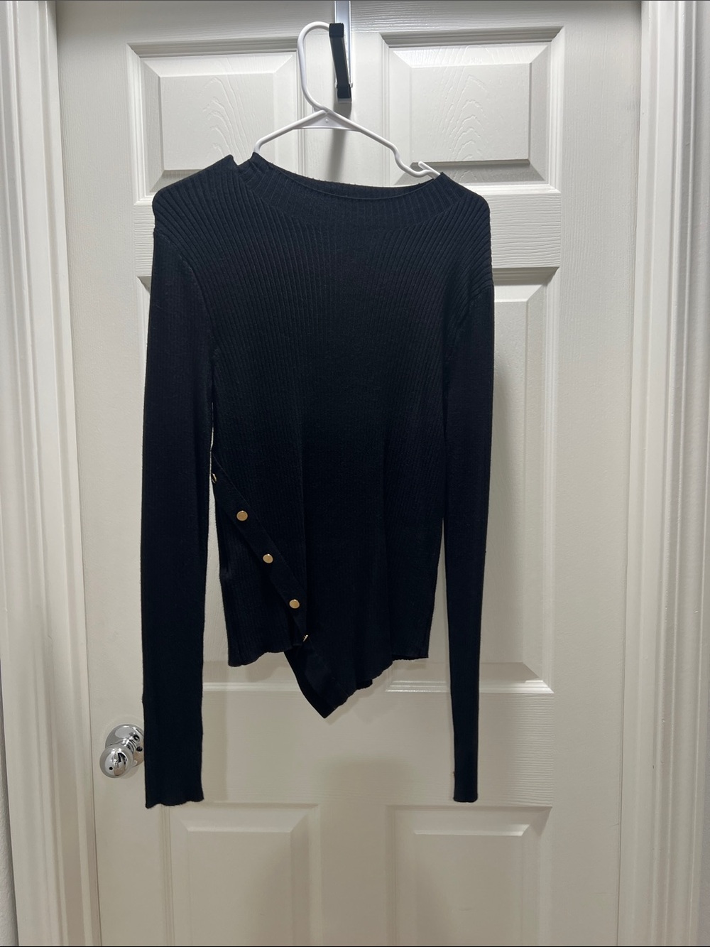 Mango Black Asymmetric Rib Knit Top with Side Button Detail